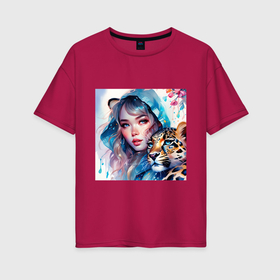 Женская футболка хлопок Oversize с принтом Девушка и леопард   нейросеть в Курске, 100% хлопок | свободный крой, круглый ворот, спущенный рукав, длина до линии бедер
 | 