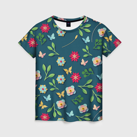 Женская футболка 3D с принтом Цветы и разноцветные бабочки , 100% полиэфир ( синтетическое хлопкоподобное полотно) | прямой крой, круглый вырез горловины, длина до линии бедер | 