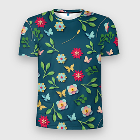 Мужская футболка 3D Slim с принтом Цветы и разноцветные бабочки в Екатеринбурге, 100% полиэстер с улучшенными характеристиками | приталенный силуэт, круглая горловина, широкие плечи, сужается к линии бедра | 