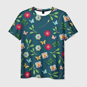 Мужская футболка 3D с принтом Цветы и разноцветные бабочки в Петрозаводске, 100% полиэфир | прямой крой, круглый вырез горловины, длина до линии бедер | 