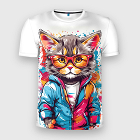 Мужская футболка 3D Slim с принтом Котик в очках   брызги красок в Белгороде, 100% полиэстер с улучшенными характеристиками | приталенный силуэт, круглая горловина, широкие плечи, сужается к линии бедра | 
