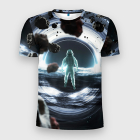 Мужская футболка 3D Slim с принтом Black hole astronaut в Петрозаводске, 100% полиэстер с улучшенными характеристиками | приталенный силуэт, круглая горловина, широкие плечи, сужается к линии бедра | 