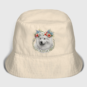 Мужская панама хлопок с принтом Самоедская собака с венком из цветов в Кировске,  |  | Тематика изображения на принте: 