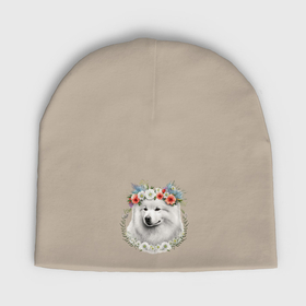 Мужская шапка демисезонная с принтом Самоедская собака с венком из цветов в Белгороде,  |  | 