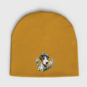 Мужская шапка демисезонная с принтом Фокстерьер, с венком из цветов в Санкт-Петербурге,  |  | Тематика изображения на принте: 