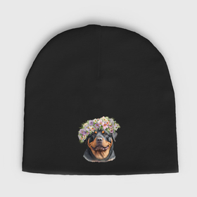 Мужская шапка демисезонная с принтом Ротвейлер с венком из цветов в Екатеринбурге,  |  | Тематика изображения на принте: 