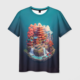 Мужская футболка 3D с принтом Японский пейзаж а изометрии в Курске, 100% полиэфир | прямой крой, круглый вырез горловины, длина до линии бедер | 