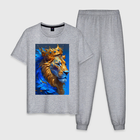 Мужская пижама хлопок с принтом Лев   царь зверей   нейросеть в Екатеринбурге, 100% хлопок | брюки и футболка прямого кроя, без карманов, на брюках мягкая резинка на поясе и по низу штанин
 | 