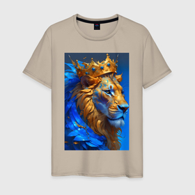 Мужская футболка хлопок с принтом Лев   царь зверей   нейросеть в Екатеринбурге, 100% хлопок | прямой крой, круглый вырез горловины, длина до линии бедер, слегка спущенное плечо. | 