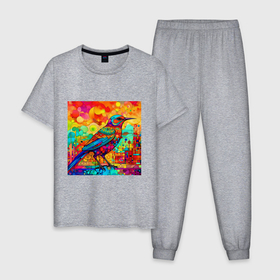 Мужская пижама хлопок с принтом Красочная птица   мозаика   нейросеть в Курске, 100% хлопок | брюки и футболка прямого кроя, без карманов, на брюках мягкая резинка на поясе и по низу штанин
 | 