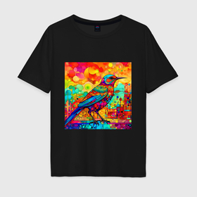Мужская футболка хлопок Oversize с принтом Красочная птица   мозаика   нейросеть в Курске, 100% хлопок | свободный крой, круглый ворот, “спинка” длиннее передней части | 