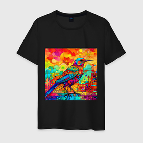 Мужская футболка хлопок с принтом Красочная птица   мозаика   нейросеть в Санкт-Петербурге, 100% хлопок | прямой крой, круглый вырез горловины, длина до линии бедер, слегка спущенное плечо. | 