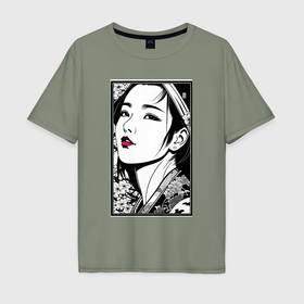 Мужская футболка хлопок Oversize с принтом Портрет девушки азиатской внешности в Екатеринбурге, 100% хлопок | свободный крой, круглый ворот, “спинка” длиннее передней части | 