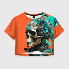 Женская футболка Crop-top 3D с принтом Art skull   irezumi    Japan в Кировске, 100% полиэстер | круглая горловина, длина футболки до линии талии, рукава с отворотами | 