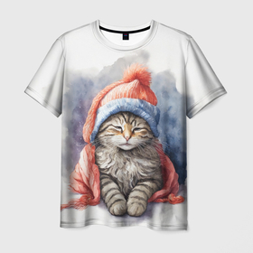 Мужская футболка 3D с принтом Утеплённый котик в Курске, 100% полиэфир | прямой крой, круглый вырез горловины, длина до линии бедер | 