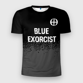 Мужская футболка 3D Slim с принтом Blue Exorcist glitch на темном фоне: символ сверху в Петрозаводске, 100% полиэстер с улучшенными характеристиками | приталенный силуэт, круглая горловина, широкие плечи, сужается к линии бедра | Тематика изображения на принте: 