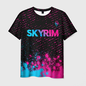 Мужская футболка 3D с принтом Skyrim   neon gradient: символ сверху в Курске, 100% полиэфир | прямой крой, круглый вырез горловины, длина до линии бедер | 