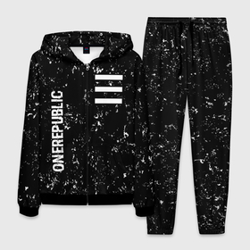 Мужской костюм 3D с принтом OneRepublic glitch на темном фоне: надпись, символ , 100% полиэстер | Манжеты и пояс оформлены тканевой резинкой, двухслойный капюшон со шнурком для регулировки, карманы спереди | Тематика изображения на принте: 