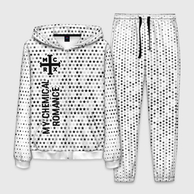 Мужской костюм 3D с принтом My Chemical Romance glitch на светлом фоне: по вертикали в Рязани, 100% полиэстер | Манжеты и пояс оформлены тканевой резинкой, двухслойный капюшон со шнурком для регулировки, карманы спереди | 