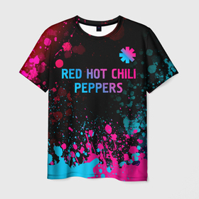 Мужская футболка 3D с принтом Red Hot Chili Peppers   neon gradient: символ сверху , 100% полиэфир | прямой крой, круглый вырез горловины, длина до линии бедер | 