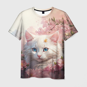 Мужская футболка 3D с принтом Цветочный котик в Рязани, 100% полиэфир | прямой крой, круглый вырез горловины, длина до линии бедер | 