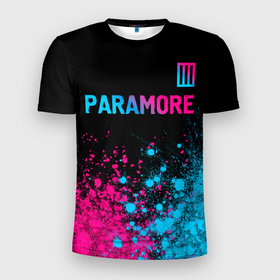 Мужская футболка 3D Slim с принтом Paramore   neon gradient: символ сверху в Санкт-Петербурге, 100% полиэстер с улучшенными характеристиками | приталенный силуэт, круглая горловина, широкие плечи, сужается к линии бедра | 