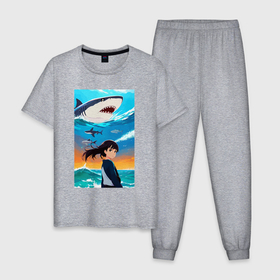 Мужская пижама хлопок с принтом Маленькая девочка и белая акула в Белгороде, 100% хлопок | брюки и футболка прямого кроя, без карманов, на брюках мягкая резинка на поясе и по низу штанин
 | 