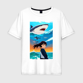 Мужская футболка хлопок Oversize с принтом Маленькая девочка и белая акула в Новосибирске, 100% хлопок | свободный крой, круглый ворот, “спинка” длиннее передней части | 