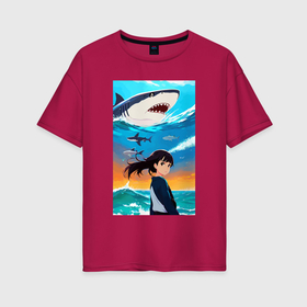 Женская футболка хлопок Oversize с принтом Маленькая девочка и белая акула , 100% хлопок | свободный крой, круглый ворот, спущенный рукав, длина до линии бедер
 | 