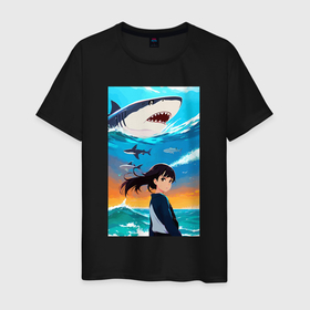 Мужская футболка хлопок с принтом Маленькая девочка и белая акула в Курске, 100% хлопок | прямой крой, круглый вырез горловины, длина до линии бедер, слегка спущенное плечо. | 