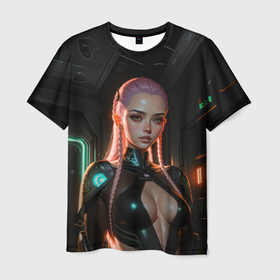 Мужская футболка 3D с принтом Красивая  девушка киберпанк в Белгороде, 100% полиэфир | прямой крой, круглый вырез горловины, длина до линии бедер | 