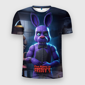Мужская футболка 3D Slim с принтом Five Nights  at Freddys Bonnie в Белгороде, 100% полиэстер с улучшенными характеристиками | приталенный силуэт, круглая горловина, широкие плечи, сужается к линии бедра | 