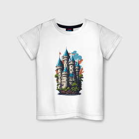 Детская футболка хлопок с принтом Средневековый рыцарский замок на острове , 100% хлопок | круглый вырез горловины, полуприлегающий силуэт, длина до линии бедер | 