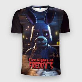 Мужская футболка 3D Slim с принтом Five   Nights  at  Freddys  Bonnie , 100% полиэстер с улучшенными характеристиками | приталенный силуэт, круглая горловина, широкие плечи, сужается к линии бедра | Тематика изображения на принте: 