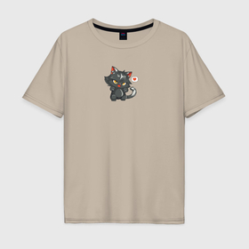 Мужская футболка хлопок Oversize с принтом Черный котенок с сердцем в Екатеринбурге, 100% хлопок | свободный крой, круглый ворот, “спинка” длиннее передней части | 