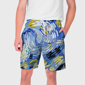 Мужские шорты 3D с принтом Облака в стиле Ван Гога в Новосибирске,  полиэстер 100% | прямой крой, два кармана без застежек по бокам. Мягкая трикотажная резинка на поясе, внутри которой широкие завязки. Длина чуть выше колен | 