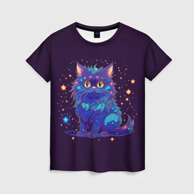 Женская футболка 3D с принтом Фиолетовый пушистый котик в Петрозаводске, 100% полиэфир ( синтетическое хлопкоподобное полотно) | прямой крой, круглый вырез горловины, длина до линии бедер | 