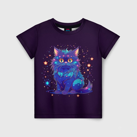 Детская футболка 3D с принтом Фиолетовый пушистый котик в Курске, 100% гипоаллергенный полиэфир | прямой крой, круглый вырез горловины, длина до линии бедер, чуть спущенное плечо, ткань немного тянется | Тематика изображения на принте: 