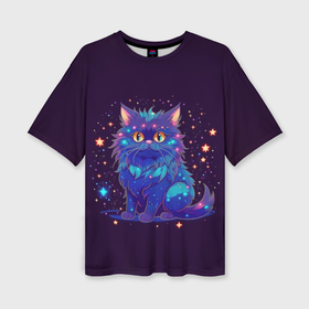 Женская футболка oversize 3D с принтом Фиолетовый пушистый котик в Петрозаводске,  |  | 