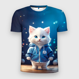 Мужская футболка 3D Slim с принтом Беленький котёнок в Новосибирске, 100% полиэстер с улучшенными характеристиками | приталенный силуэт, круглая горловина, широкие плечи, сужается к линии бедра | Тематика изображения на принте: 