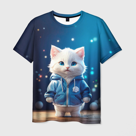 Мужская футболка 3D с принтом Беленький котёнок в Новосибирске, 100% полиэфир | прямой крой, круглый вырез горловины, длина до линии бедер | 