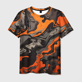 Мужская футболка 3D с принтом Оранжево черный камуфляж в Санкт-Петербурге, 100% полиэфир | прямой крой, круглый вырез горловины, длина до линии бедер | Тематика изображения на принте: 