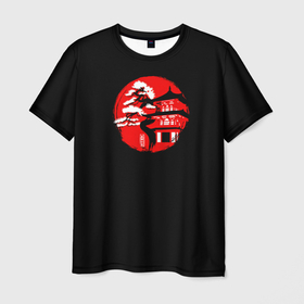 Мужская футболка 3D с принтом Японский стиль в восходящем солнце в Санкт-Петербурге, 100% полиэфир | прямой крой, круглый вырез горловины, длина до линии бедер | Тематика изображения на принте: 