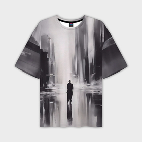 Мужская футболка oversize 3D с принтом Большой мрачный город с силуэтом человека в Курске,  |  | 