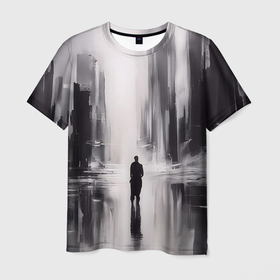 Мужская футболка 3D с принтом Большой мрачный город с силуэтом человека в Санкт-Петербурге, 100% полиэфир | прямой крой, круглый вырез горловины, длина до линии бедер | 