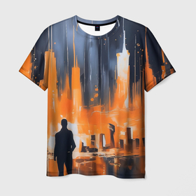 Мужская футболка 3D с принтом Мегаполис с силуэтом человека в Курске, 100% полиэфир | прямой крой, круглый вырез горловины, длина до линии бедер | Тематика изображения на принте: 