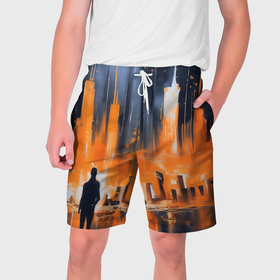 Мужские шорты 3D с принтом Мегаполис с силуэтом человека в Курске,  полиэстер 100% | прямой крой, два кармана без застежек по бокам. Мягкая трикотажная резинка на поясе, внутри которой широкие завязки. Длина чуть выше колен | 
