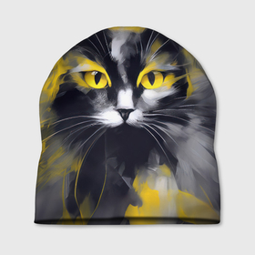 Шапка 3D с принтом Нарисованный черно желтый кот в Екатеринбурге, 100% полиэстер | универсальный размер, печать по всей поверхности изделия | 