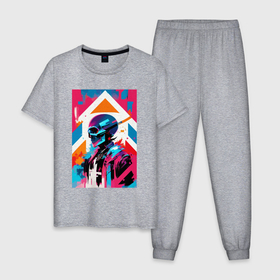 Мужская пижама хлопок с принтом Cyber skull   pop art в Белгороде, 100% хлопок | брюки и футболка прямого кроя, без карманов, на брюках мягкая резинка на поясе и по низу штанин
 | 