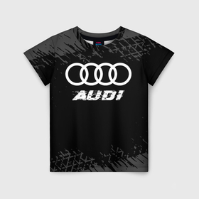 Детская футболка 3D с принтом Audi speed на темном фоне со следами шин , 100% гипоаллергенный полиэфир | прямой крой, круглый вырез горловины, длина до линии бедер, чуть спущенное плечо, ткань немного тянется | Тематика изображения на принте: 